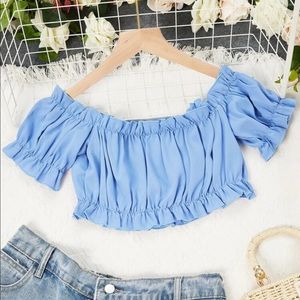 Puff Sleeve Frill Trim Ruched Bust Crop Top